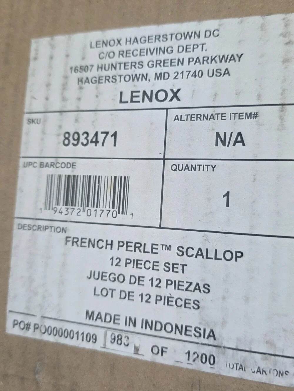 Lenox French Perle Scallop 12 Piece Dinnerware Set, Service for 4